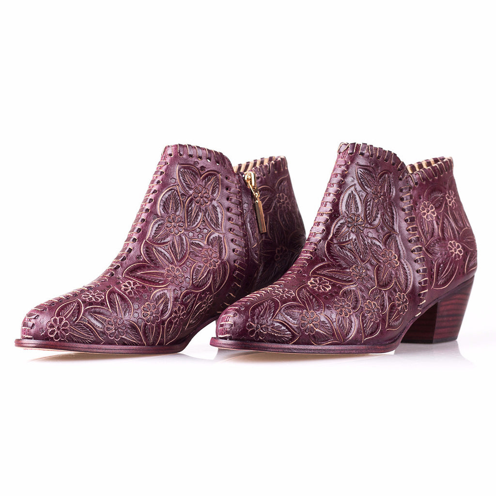 Sara Melissa Designs Shoes Ankle Bootie Hand Tooled Leather Burgundy 